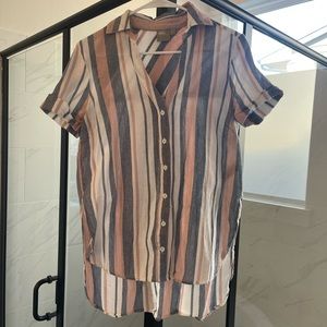 Asos Linen Stripe button down short sleeve shirt blue white and pink